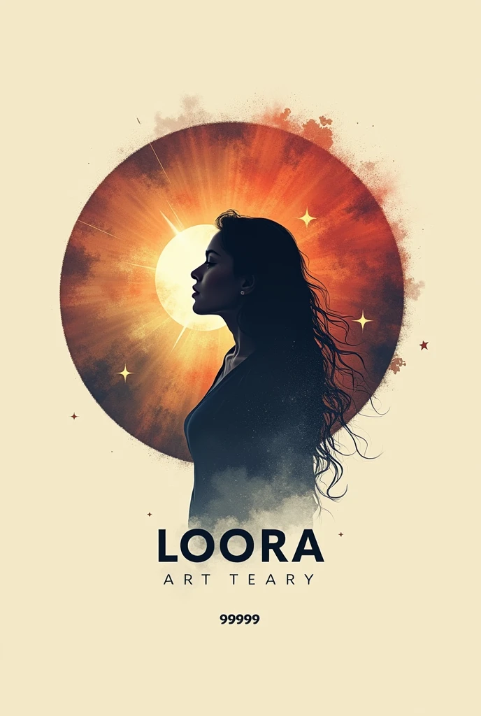 a logo with centralized writing LOORA with a capital letter and 99999 with a lowercase letter, written with planet being the name highlighted in the logo
be minimalist
with planet elements, the shadow of a woman making a headline, a radiant star, a simple contemporary art background