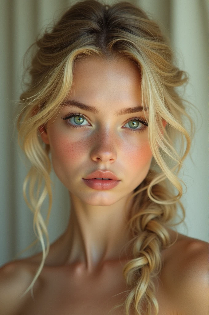  with blond hair and green eyes