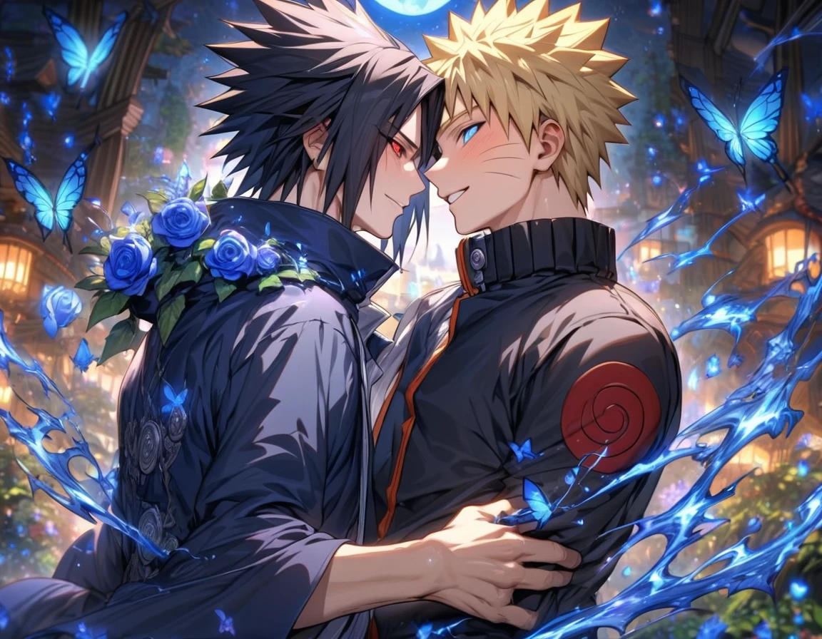 absurdres, highres, ultra detailed, HDR, master piece, best quality, extremely detailed, detailed face, Uchiha Sasuke, black hair, expressive red eyes, Naruto Shippuden, Uzumaki Naruto, blonde hair, expressive blue eyes, two  men together, yaoi, gay couple, in love, handsome, smile, dark blue coat with high collar, blue vest, black shirt, magic, magical, fantasy, blue lightning, blue flames, blue moon, blue fireflies, blue roses, blue butterflies, glass magic, garden