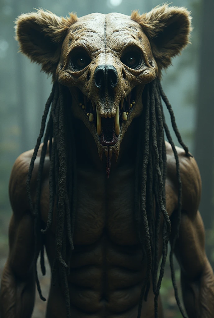 An entity from hell with a humanoid face in face 3 pose/4, This entity has dreadlocks and a hat made from a bear's head.