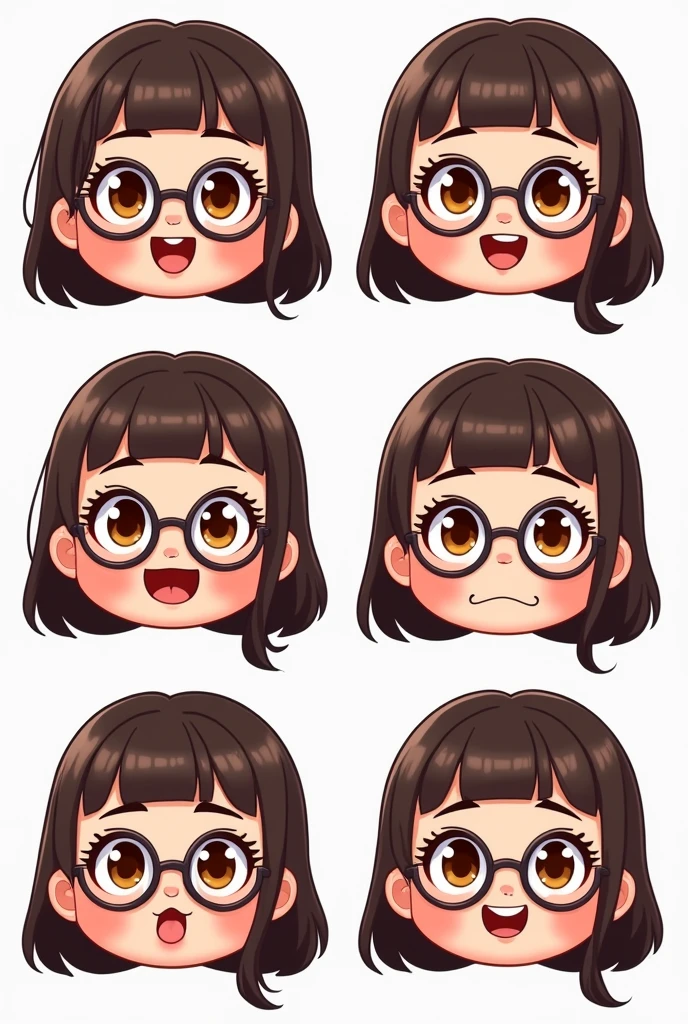 Several doll faces for emotes on twitch with different expressions separated from each other. Wearing round, clear, prescription glasses, long dark brown hair without bangs, with the forehead showing, brown eyes and chubby cheeks. Image with cartoon appearance