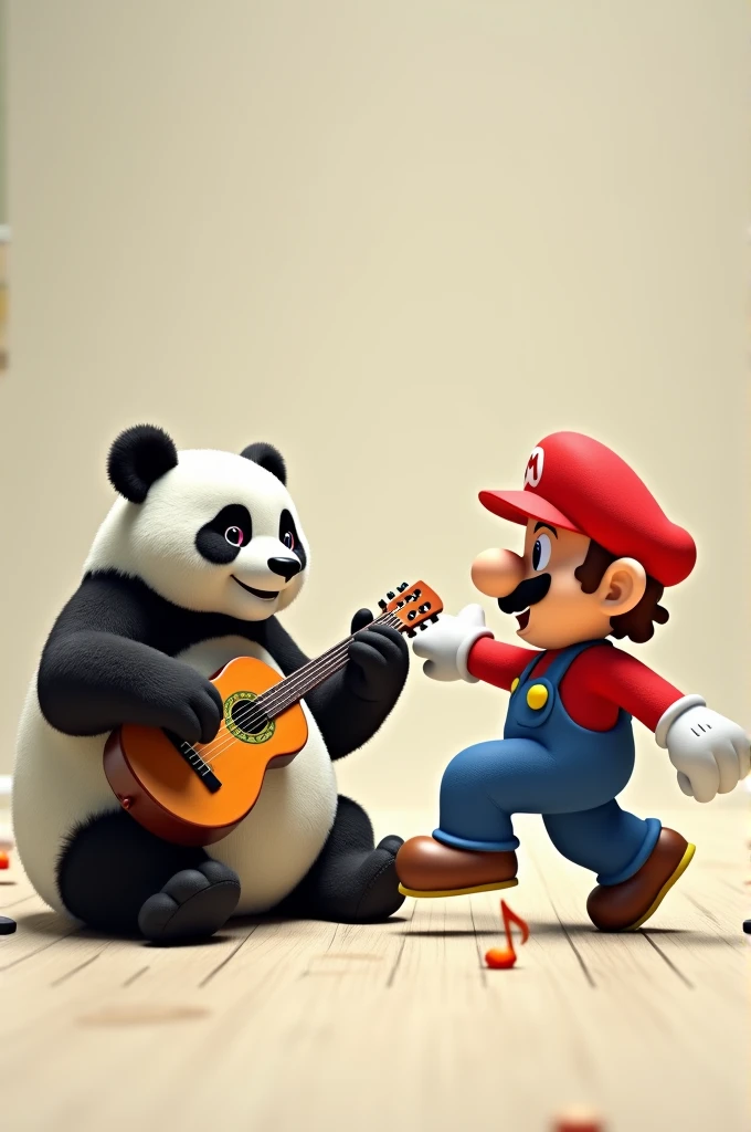 A panda bear playing the guitar and the Mario character dancing in a square.