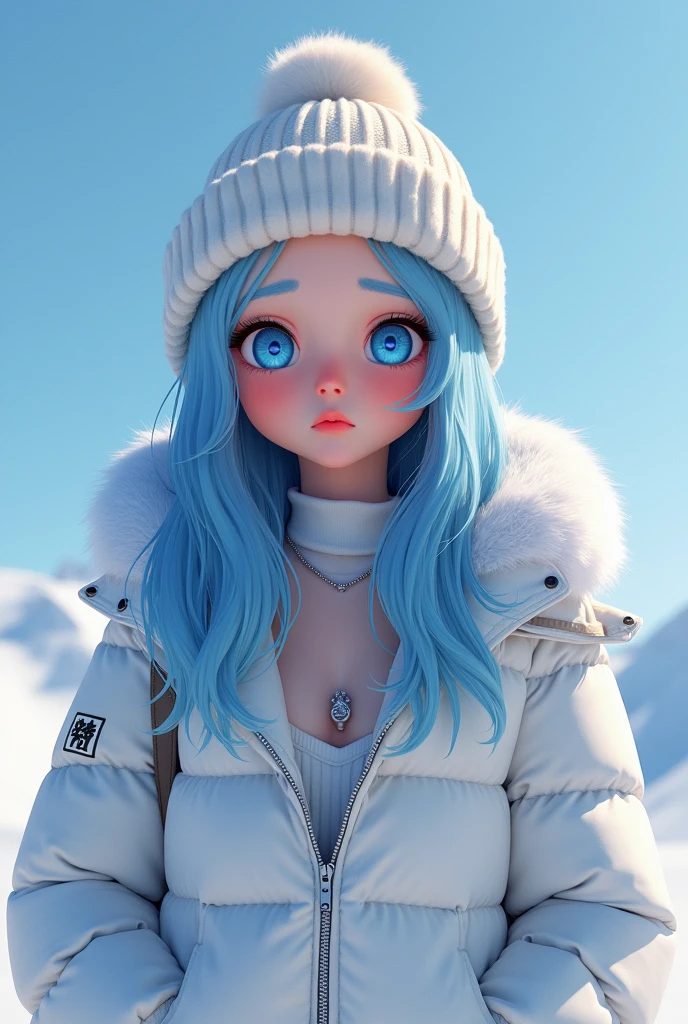 (masterpiece, best quality, photorealistic, Instagram photo,1 girl, Nia Johnson, sexy girl, beautiful girl, young lady, solo, Realism, natural light, ray tracing, Subsurface scattering, high-resolution, realistic style, 8k , official art, aesthetic, high contrast, extreme detailed background, soothing tones, realistic, beautiful light blue eyes, (sad face), perfect face, detailed face, detailed hair, shiny skin, perfect skin, (2:1.4), blush,(opening clothes:1.1), Thick long light blue hair, cute toque, (wide shot:1.5),(breast,cleavage:1.1), (Sports theme:1.5),((snowboarding), ((blowing kiss: 1.5)), (wearing white_light_blue_winter_outfit:1.3),1girl,Breasts