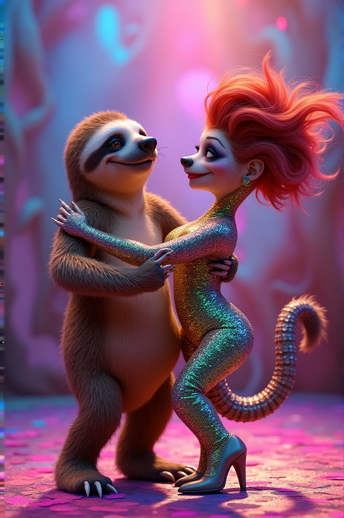 Make sloth Sid from ice age, dancing with a drag queen snake 
