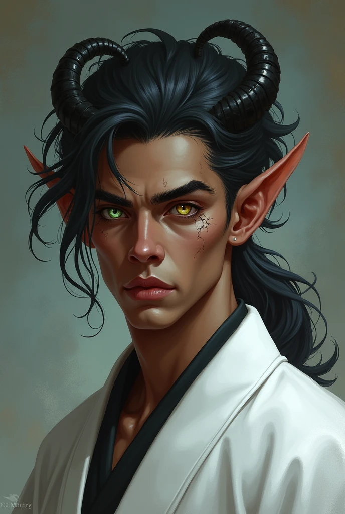 And a character for RPG a male Tiefling with 20 years, brown skinned with only one horn wearing a white kimono and each of his eyes also has a different color, the right eye has a green pupil and the left is dark with a golden pupil