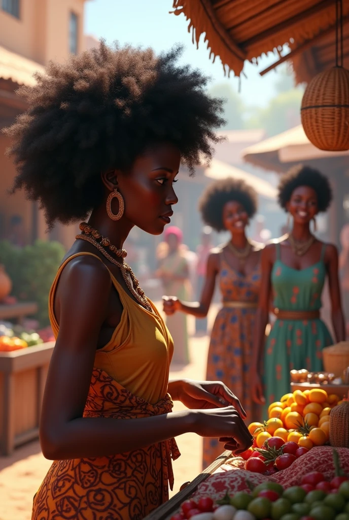 With a dark black African woman with an Afro in a shop working generate an image in the background of another dark black woman with the friends laughing and pointing hands  at the woman in the shop in an African village market setting. Make it realistic with real human 