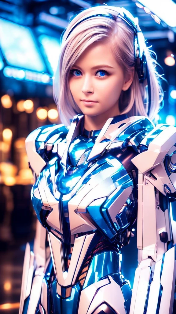 Wide-angle shot, 1 female, Mecha, Sparkling Blue Eyes, Very cute face, (Realistic:1.37), バイオMechaニカル, Spaceship interior bokeh background, Ultra-realistic, Very detailed, Very intricate details, Beautiful woman in focus