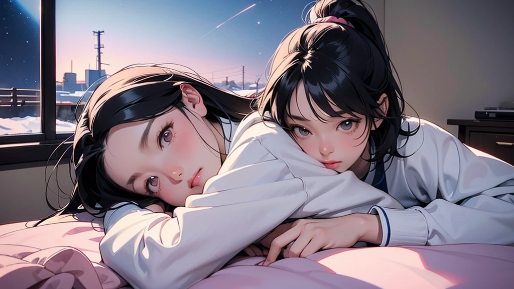 Japanese 80's style illustration. The image is of a girl of about 1 sitting on her bed in her room, wearing headphones, and looking out the window at about 1:00 a.m.
Through the window, she can see a town in the countryside at night. The sky is filled with stars and buildings in the countryside.
The overall color scheme is based on pink. The girl's hair is bobbed, her face is young and she is wearing trainers and short pants.
Hot cocoa is on the table and calm. The illustration has a calm and languid impression.
