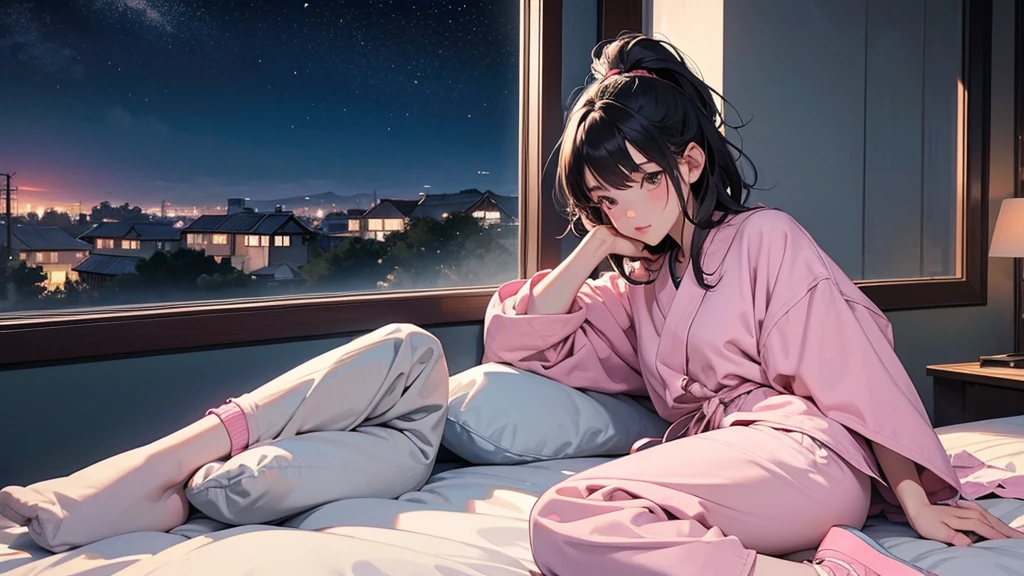 Japanese 80's style illustration. The image is of a girl of about 1 sitting on her bed in her room, wearing headphones, and looking out the window at about 1:00 a.m.
Through the window, she can see a town in the countryside at night. The sky is filled with stars and buildings in the countryside.
The overall color scheme is based on pink. The girl's hair is bobbed, her face is young and she is wearing trainers and short pants.
Hot cocoa is on the table and calm. The illustration has a calm and languid impression.