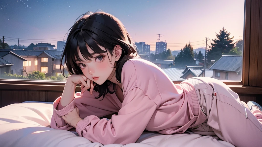 Japanese 80's style illustration. The image is of a girl of about 1 sitting on her bed in her room, wearing headphones, and looking out the window at about 1:00 a.m.
Through the window, she can see a town in the countryside at night. The sky is filled with stars and buildings in the countryside.
The overall color scheme is based on pink. The girl's hair is bobbed, her face is young and she is wearing trainers and short pants.
Hot cocoa is on the table and calm. The illustration has a calm and languid impression.
