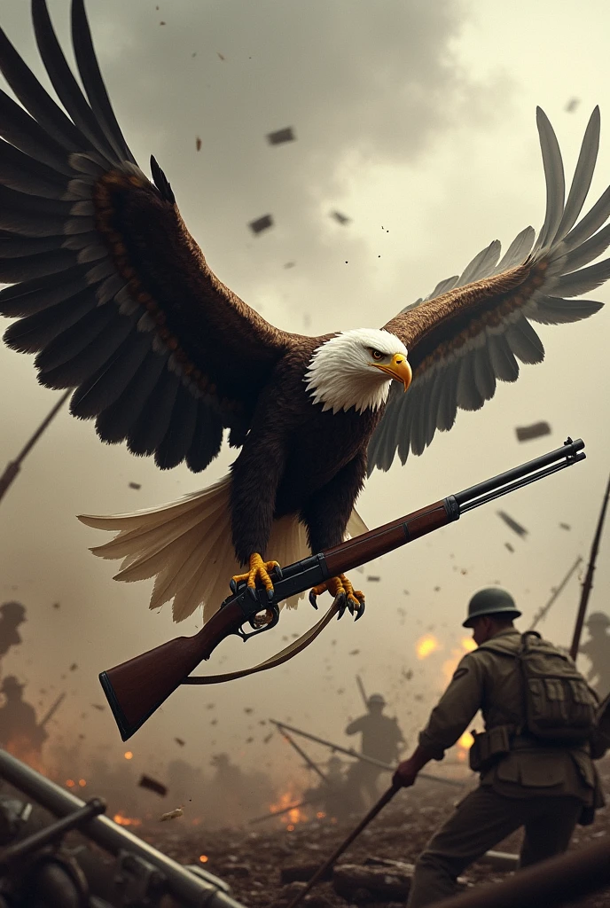 generate an image of an eagle fighting in the first world war with a rifle
