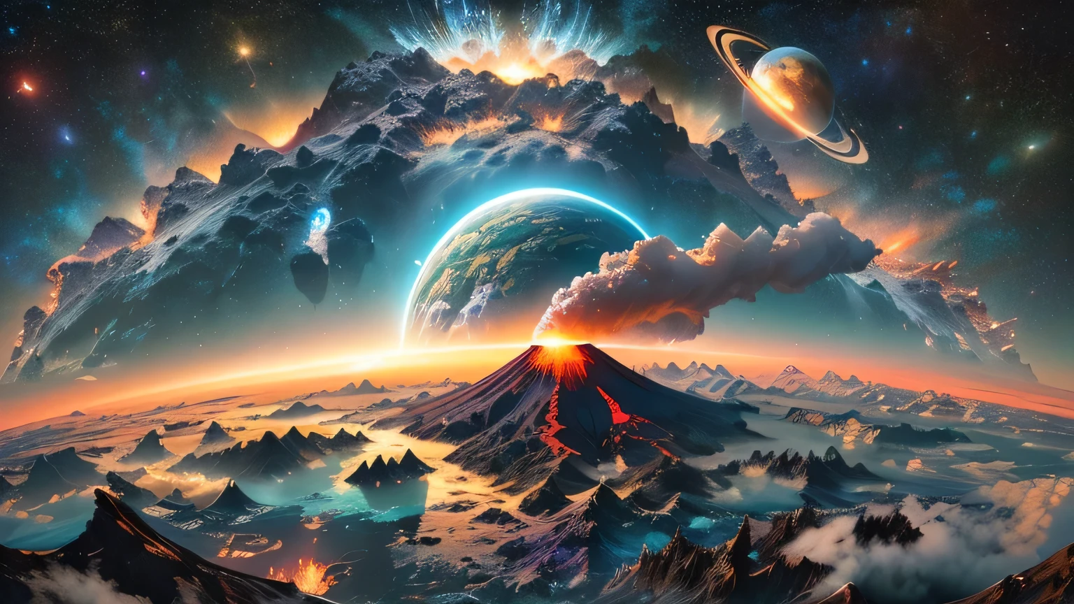 an aerial view of a volcano with a planet in the background, highly detailed digital art in 4k, alien world, epic fantasy science fiction illustration, planet landscape, planetary landscape, exploding planet in background, landscape of an alien world, Very detailed 4k hd wallpaper, fantasy planet, surreal space, Stunning 8k art, magnificent background, amazing wallpaper