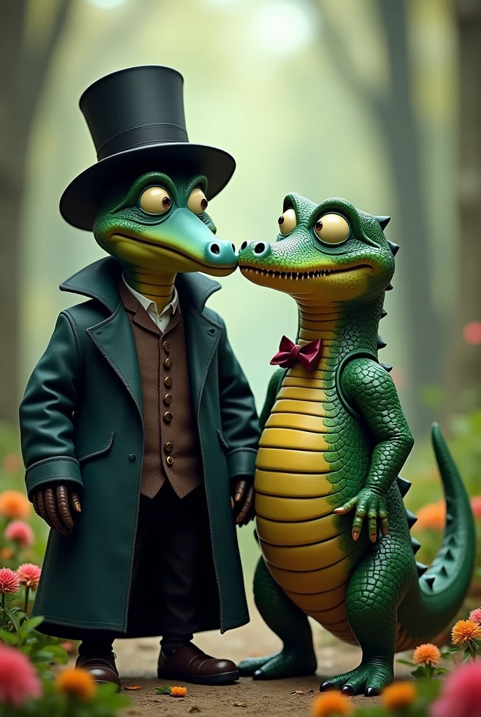 A cute couple formed by the plague doctor and a crocodile
