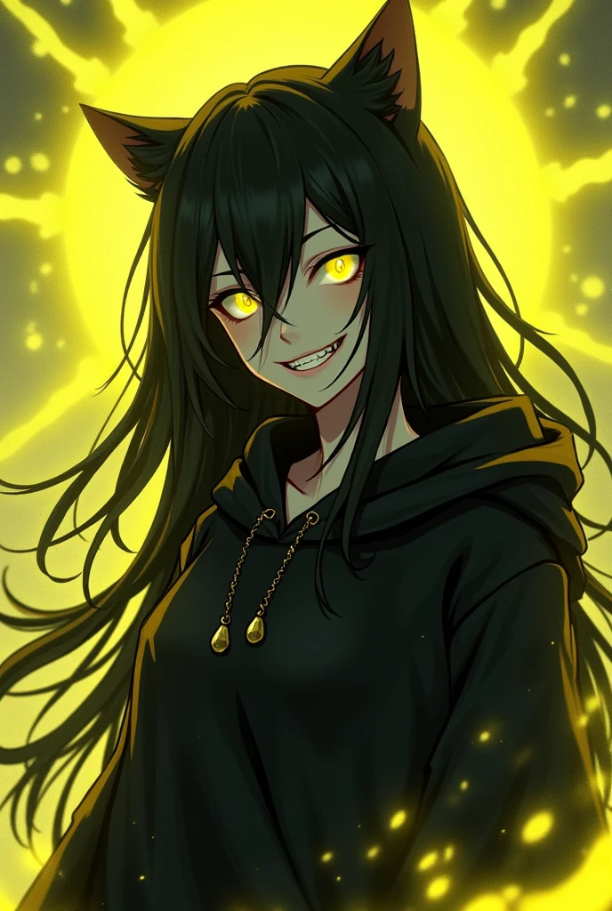 Androgynous girl with very long black hair, golden colored eyes, very manic smile, White skin. He emanates a fluorescent yellow power around his body and wears black clothing with a hoodie with cat ears..