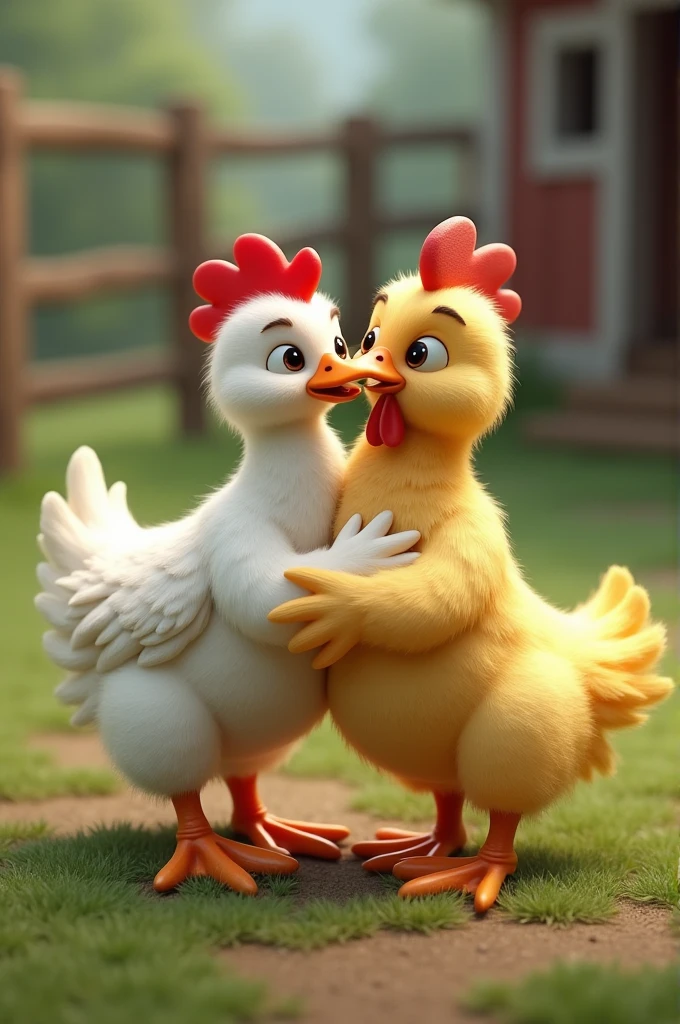 A chicken or hen kissing a duck