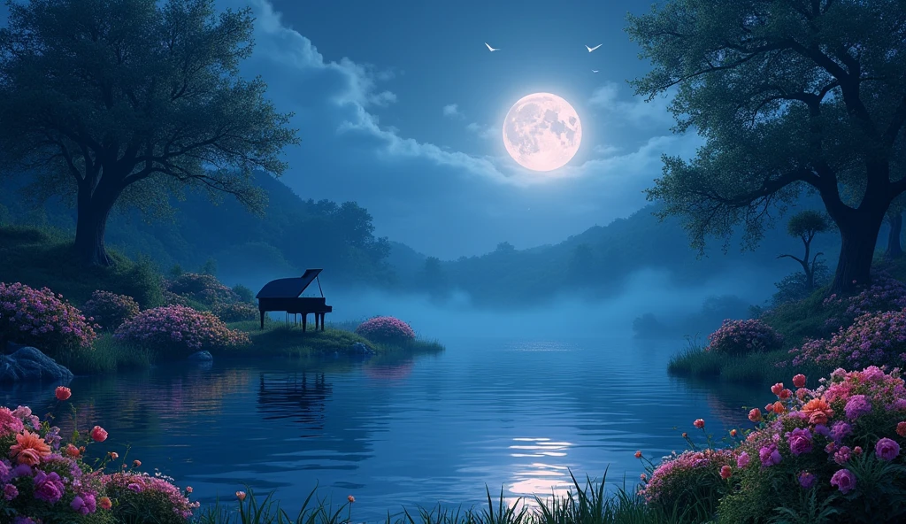 lake、mysterious、moon、Colorful flowers、Grand piano、night、moon明かり、