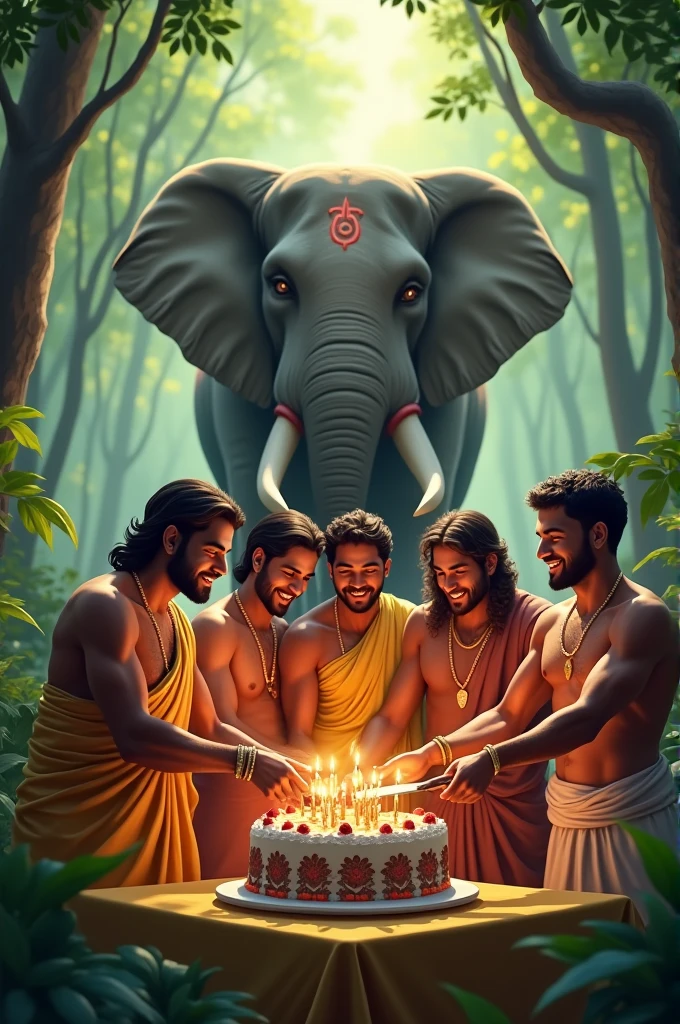 Indian men cutting cake with three friends with elephant in forest