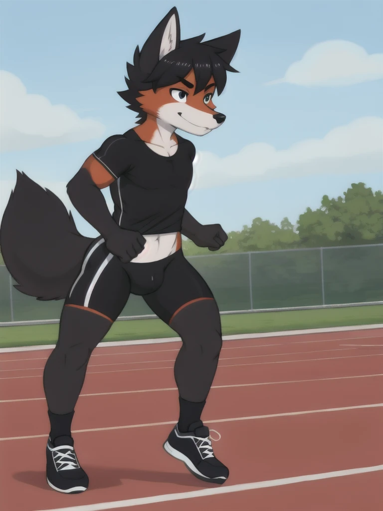 Furry, fox, male, black shirt, black spandex bike shorts, shoes, running track, solo, full body
