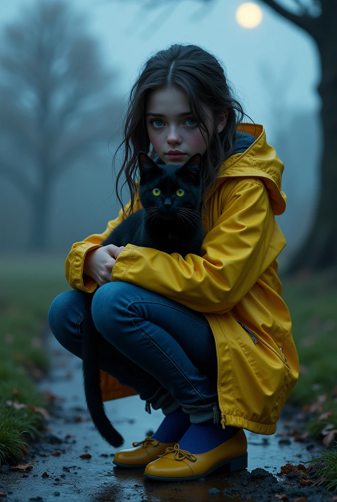 ((best quality9)), (photorealism:1.2), (detailed), Coraline character, real teenager, White skin, squatting, holding a black cat, wearing yellow rain jacket, dark blue jeans, and blue socks, Outdoor, misty garden, Wet, Moonlight, serene night, tree without leaves in the background, Coraline doll on the floor, relaxed pose, realist, intricate details, cold colors, style, Henry Selick