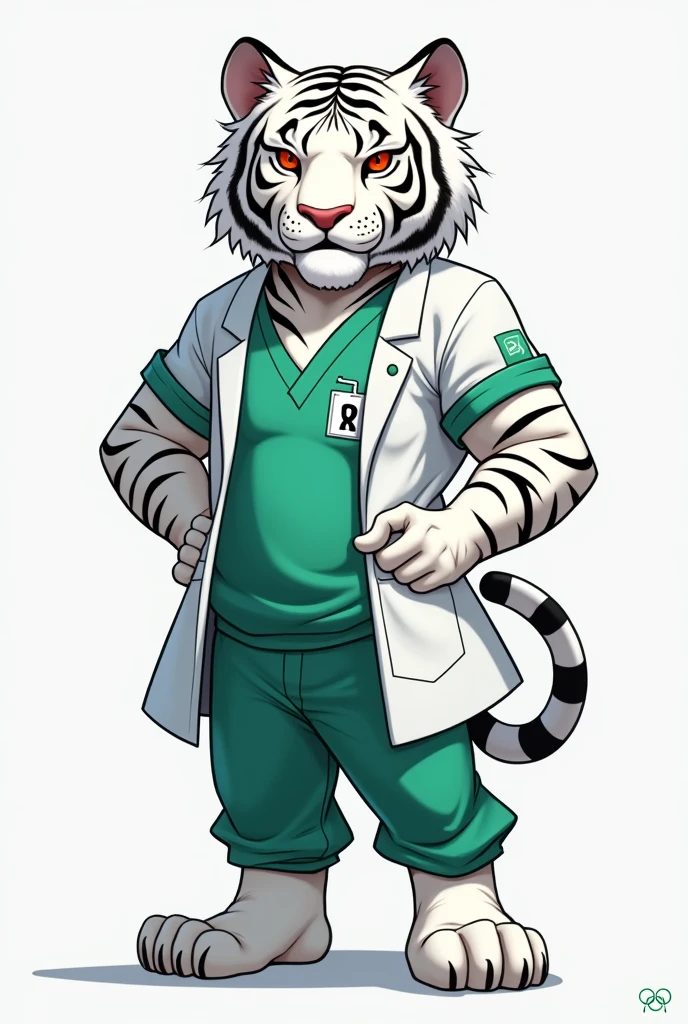 White tiger doctor with lime green shirt and white coat Could you make it more anime like please Now could you make it with a little more aggressive face, not much, and styled more like an Olympic Games mascot