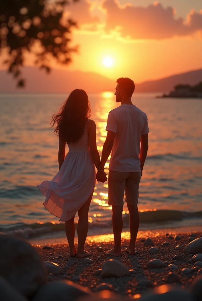 Watching the sunset on a Greek shore, You can only see the feet of a man and a woman in love