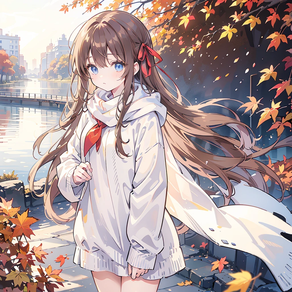 (masterpiece), best quality, Extremely detailed, illustration, Warm lighting, Soft lighting, Vibrant colors, 1 girl, Solitary,( beautiful girl, Long hair, blue eyes, Ribbon, Brown hair, Hair between the eyes, hair Ribbon, Side lock, very Long hair, Messy hair,) , autumn, Many maple trees, Maple Leaf, Gold Leaf, Autumn Leaves, Dried leaves, river, Fresh air, Peace, Cool breeze , Sweater Weather,( Wear a white or brown sweater, red scarf, Melancholy的autumn, eager的, Melancholy, sad ,Worry, eager,)