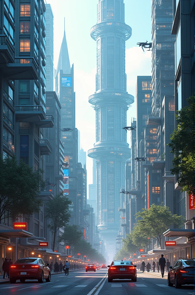 A city with huge vertical structures full of advanced technology and Artificial Intelligence and Virtual Reality in the daily life of humans