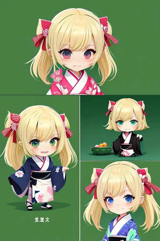 One person、、Chibi Character、Green Screen、２dimension、Character portrait、An illustration、Blonde、kimono、material、anime