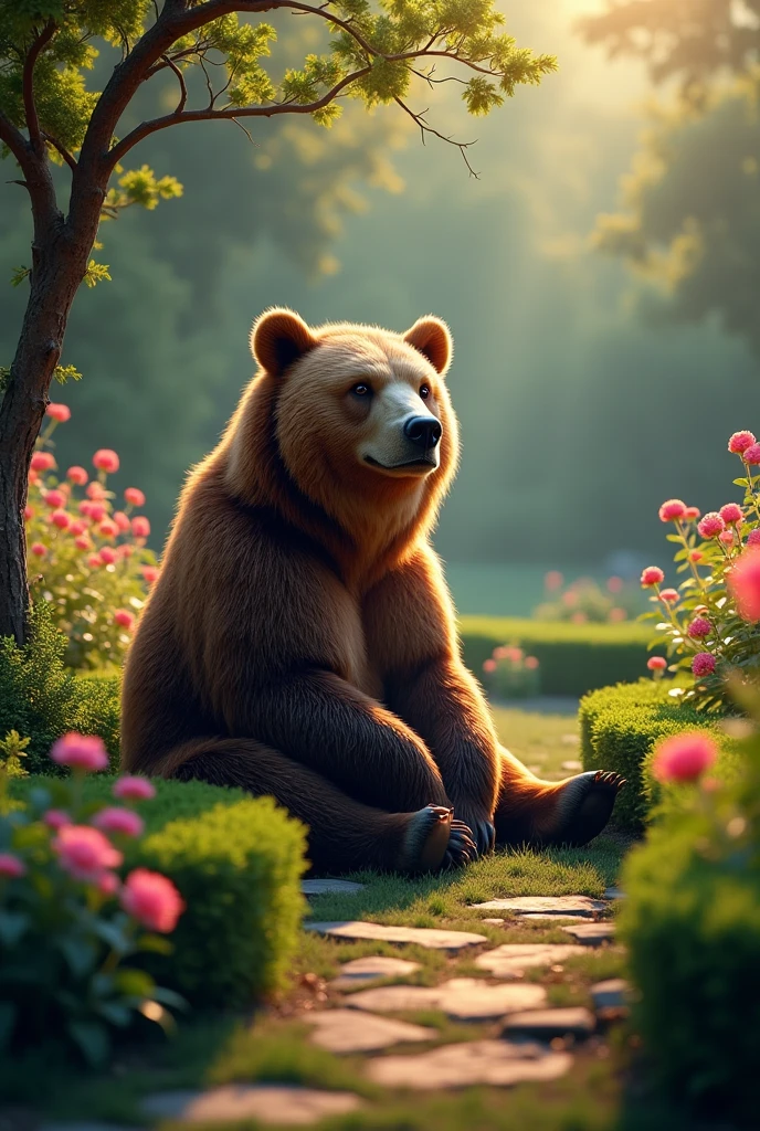 bear sitting in a lighted garden