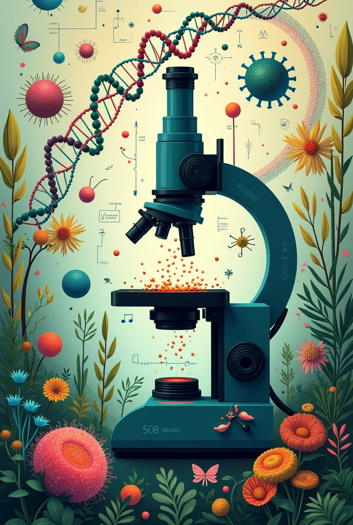 A vibrant and educational representation of the world of biology. In the middle, A modern microscope examines a sample of cells, with a focus on detailed cellular structures. Around the microscope, Various images of biological elements are displayed, like a double helix of DNA in bright colors, a variety of cells (of animals, plants and bacteria) and a network of interconnected ecosystems, including plants, fungi and animals in their natural habitats. On top, biological process graphs, such as photosynthesis and cellular respiration, add an educational touch. The background is a subtle collage of biological tissue patterns and scientific diagrams., with a color palette that combines greens, blues and earth tones, evoking the richness and diversity of life on Earth