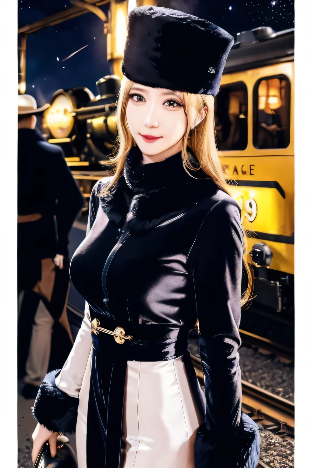 maetel, long hair, blonde hair,fur trim, black headwear, fur hat, dress,(cowboy shot:1.1), yellow eyes, (luggage:1.1), steam (train station:1.1),station platform,  night, galaxy,999
best quality, highly detailed, masterpiece, absurdres,8k,   (detailed eyes, deep eyes),photorealistic, realistic,detailed skin texture, detailed pupils,HDR,
1woman,(happy:1.1),smile, (angular face:1.2),shiny face,large breasts, (narrow waist:1.1), lip makeup,long eyelashes