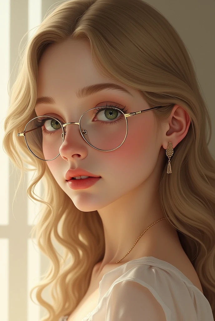 a young white woman with green eyes and clear glasses, with long blonde curly hair. With small gold earring. With beige background.