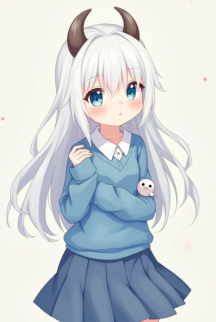 Create an anime girl with long white hair with "fringe" with a big open blue school sweater and a skirt and goat horns where an among us is hidden