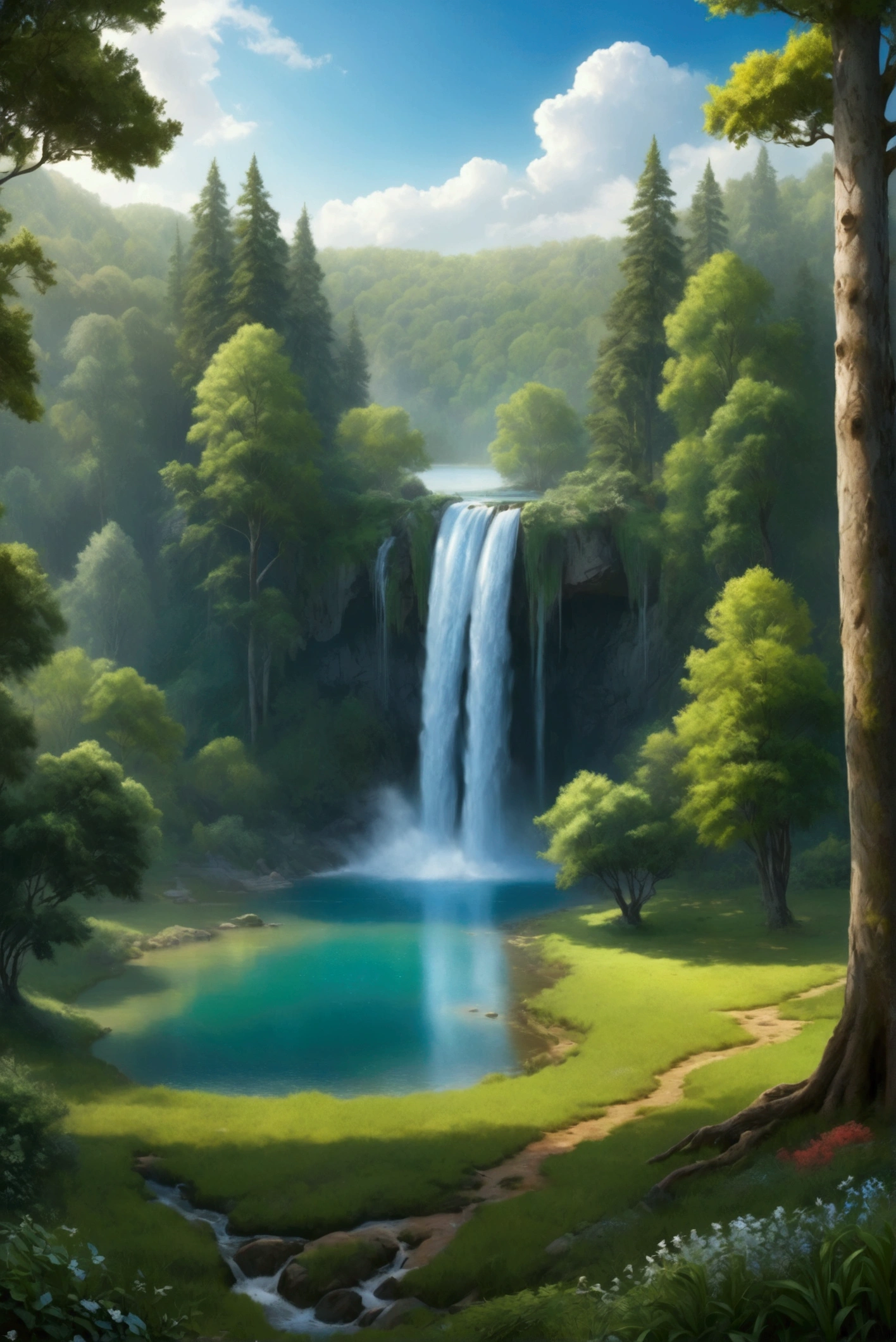 Beautiful clearing with a water fall lake and trees