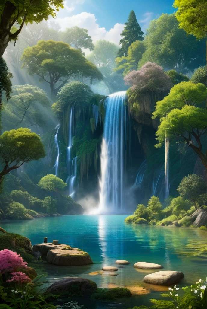 Beautiful clearing with a water fall lake and trees