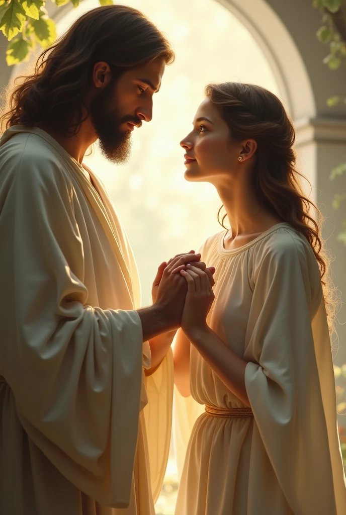 delicate young lady holding hands with Jesus 