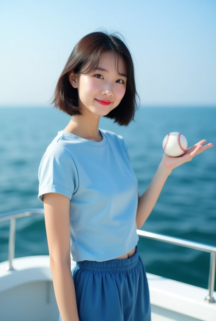 Highly realistic 8k photos, sea background, standing on a boat, One hand is raised to the side and a baseball is placed on the palm., Korean woman, Wearing a blue t-shirt and blue pants, standing face to face, Looking at the camera, short hair, A little smile,