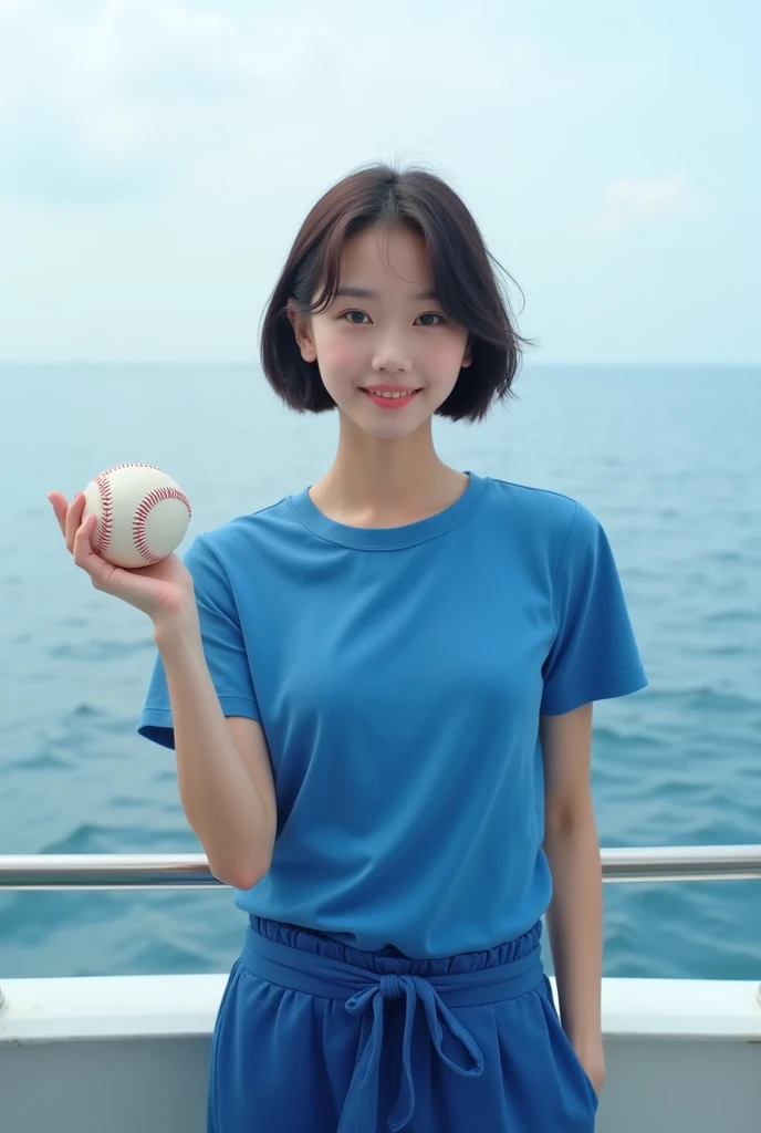 Highly realistic 8k photos, sea background, standing on a boat, One hand is raised to the side and a baseball is placed on the palm., Korean woman, Wearing a blue t-shirt and blue pants, standing face to face, Looking at the camera, short hair, A little smile,
