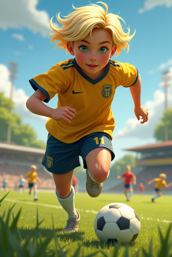 Drawing of blonde hair and green eyes,fair skin playing football