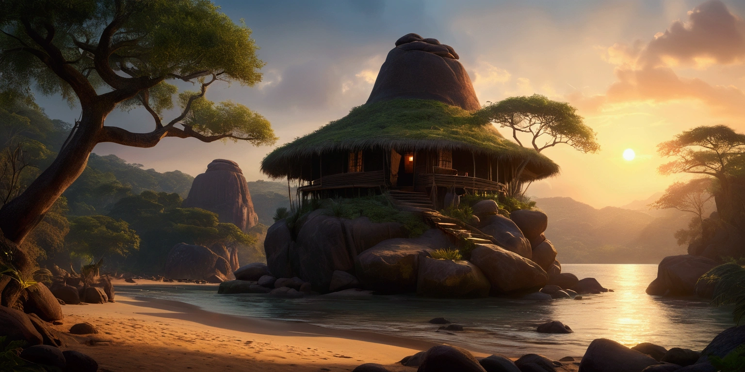 Disney style African wilderness scene, beautiful sunrise over a calm lake, very small African hut on one side of the scene, dramatic cinematic lighting, majestic rock formations, no animals or evil, breathtaking view, high detail, complete study of African languages (best quality, 4k, 8k, high resolution, masterpiece: 1.2), high detail, (realistic, realistic, photorealistic: 1.37), dramatic lighting, cinematic composition Pixar style close to animation, land area larger than the lake Trees and rocks Attention to precise theatrical perspective according to the studies of theatrical perspective Academy of Arts Dr. Louise Malika, high quality on the scale of theatrical design Clear details Greek character dominates the scene, animation style African tribe