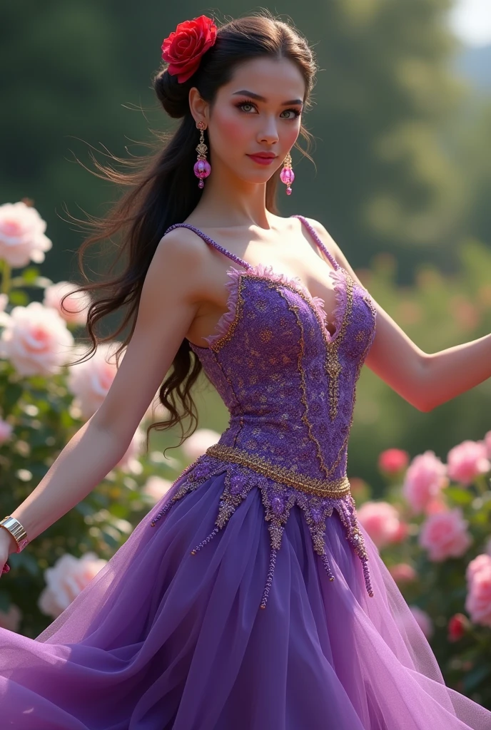 Woman Jennifer connelly woman girl 20 years old model long hair Brow bun with red rose in hair n blue eyes dress Violet sequins ballet flamenco sevillana ruffles lace Pink long earrings gold in park garden roses White