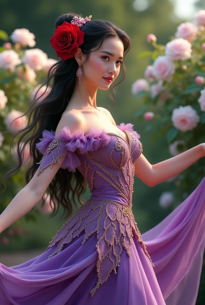 Woman Jennifer connelly woman girl 20 years old model long hair Brow bun with red rose in hair n blue eyes dress Violet sequins ballet flamenco sevillana ruffles lace Pink long earrings gold in park garden roses White
