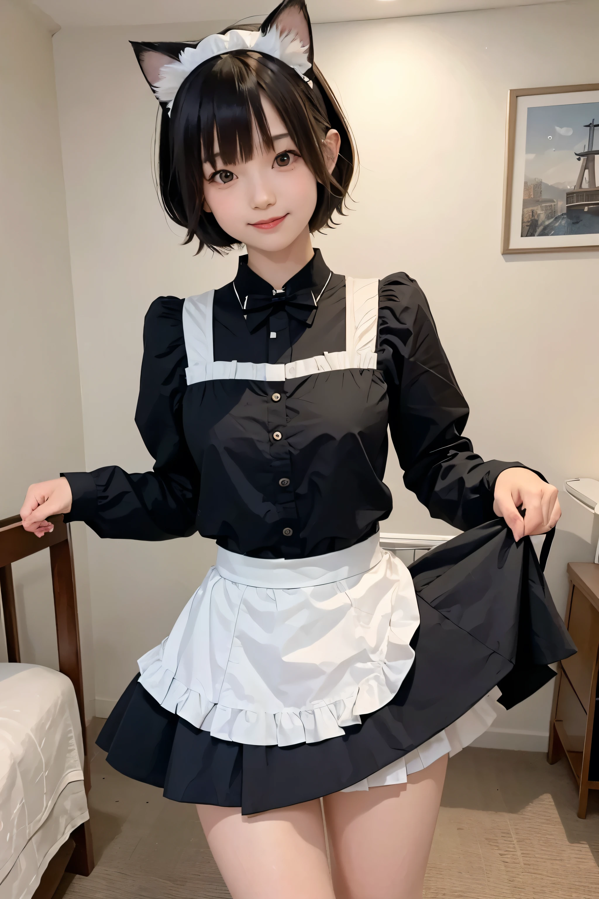 masterpiece, best quality, adorable, japanese 10yo, detailed beautiful face, smiling, short hair, blunt bangs, beautiful eyes, colored inner hair, skinny, (cat ears maid), mini skirt, skirt lift