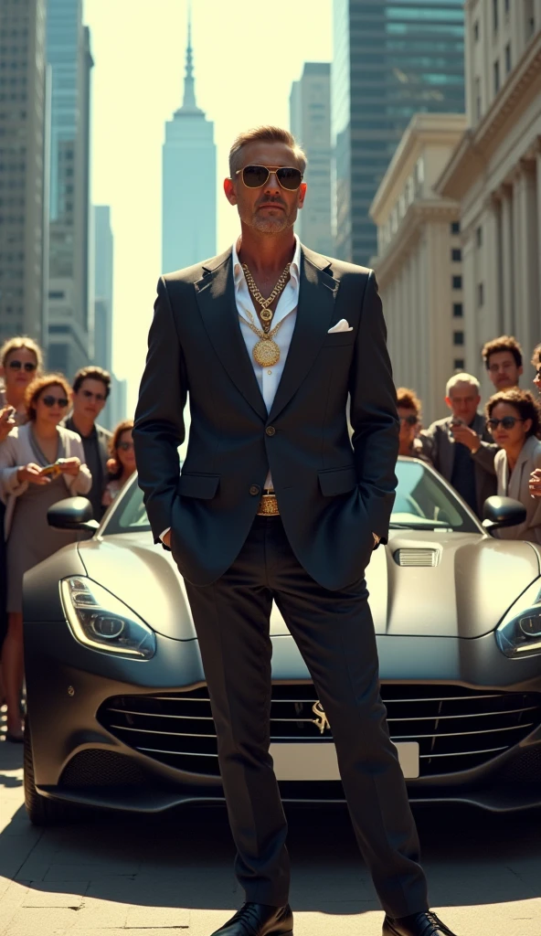 Millionaire man in elegant suit and jewelry showing off a very luxurious car, in a very luxurious city and people around take pictures of him and admire him 
