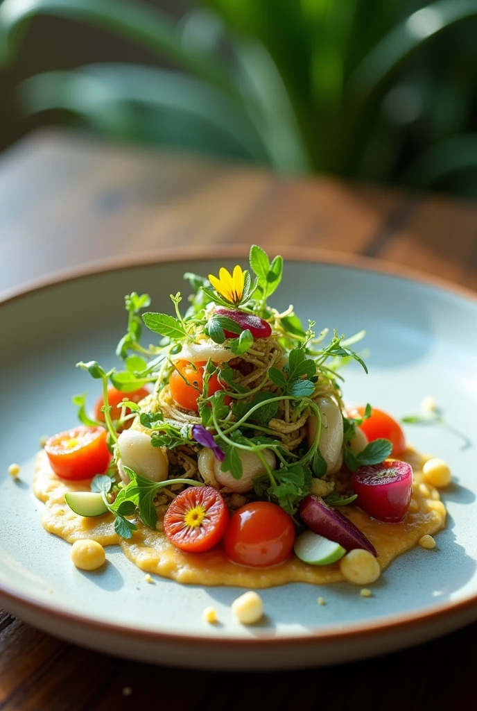 Arrange a beautifully plated dish with vibrant colors and artistic presentation. Include natural elements like fresh herbs or edible flowers to enhance the visual appeal and make the food look irresistible."