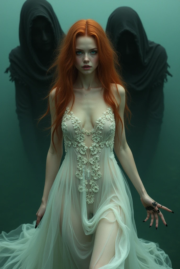 pale skin girl, green eyes and hip-length copper red hair in the water dressed in a long white floral dress with a slit at the leg, with two black souls behind her, and with hands stained black
