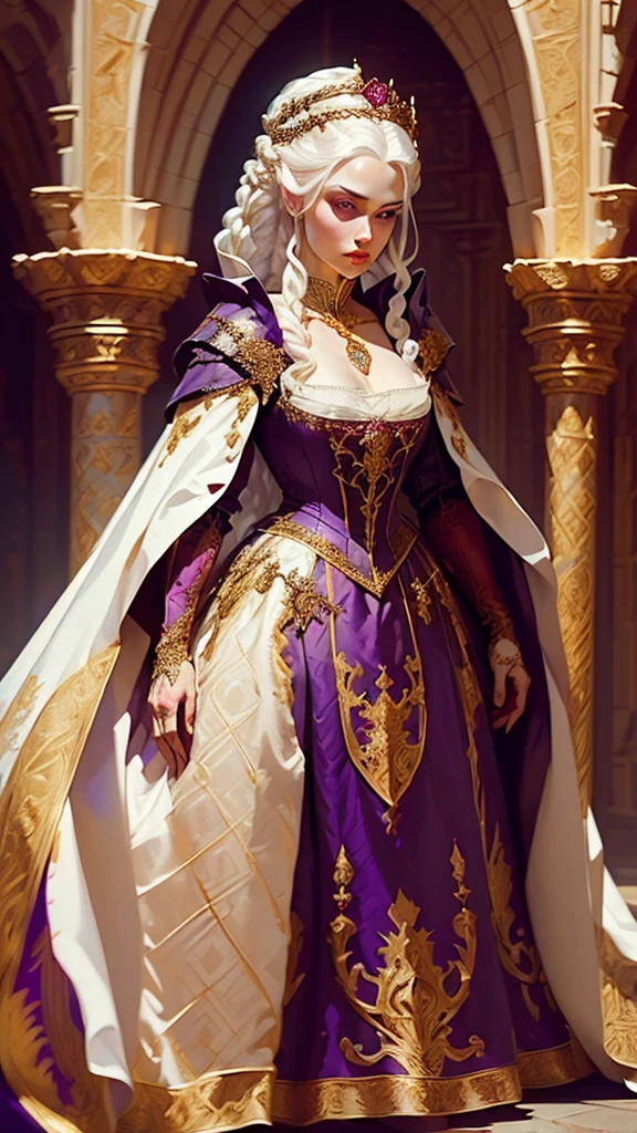 Beautiful albino woman with detailed medieval hairstyle (silky hair)(updo) (white hair,wearing detailed medieval gown (red and black colours), with gold accessories and gold tiara, medieval queen, medieval woman,queen,game of thrones style,daenerys targaryen style, high quality, very detailed,hd quality, masterpiece ((purple eyes))