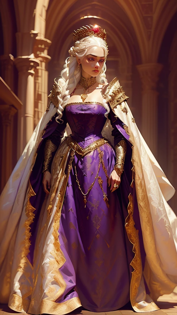 Beautiful albino woman with detailed medieval hairstyle (silky hair)(updo) (white hair,wearing detailed medieval gown (red and black colours), with gold accessories and gold tiara, medieval queen, medieval woman,queen,game of thrones style,daenerys targaryen style, high quality, very detailed,hd quality, masterpiece ((purple eyes))