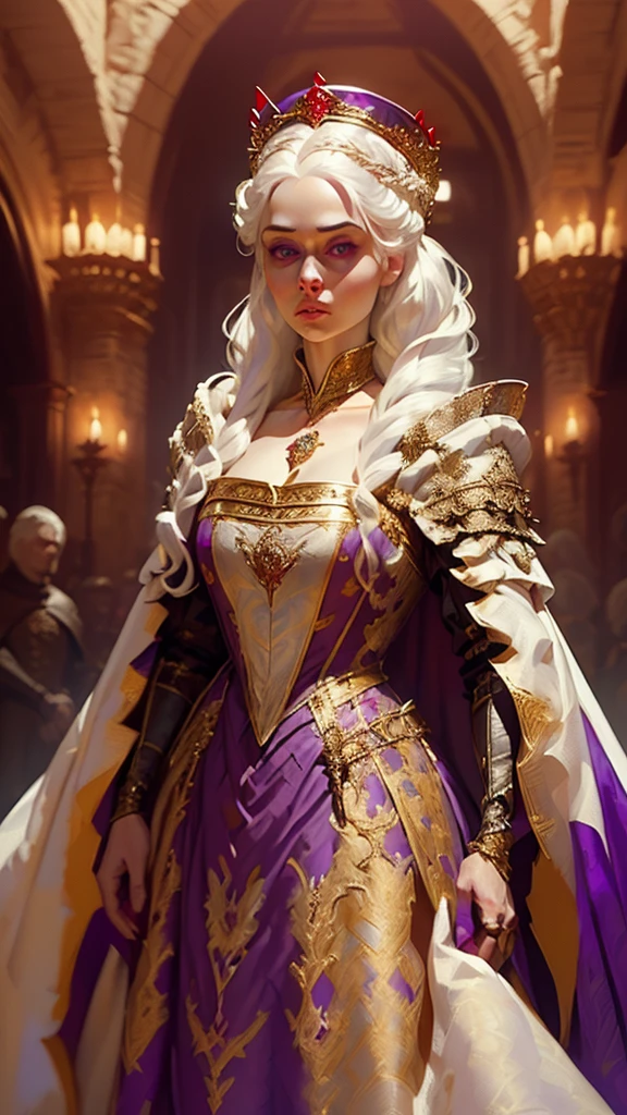 Beautiful albino woman with detailed medieval hairstyle (silky hair)(updo) (white hair,wearing detailed medieval gown (red and black colours), with gold accessories and gold tiara, medieval queen, medieval woman,queen,game of thrones style,daenerys targaryen style, high quality, very detailed,hd quality, masterpiece ((purple eyes))