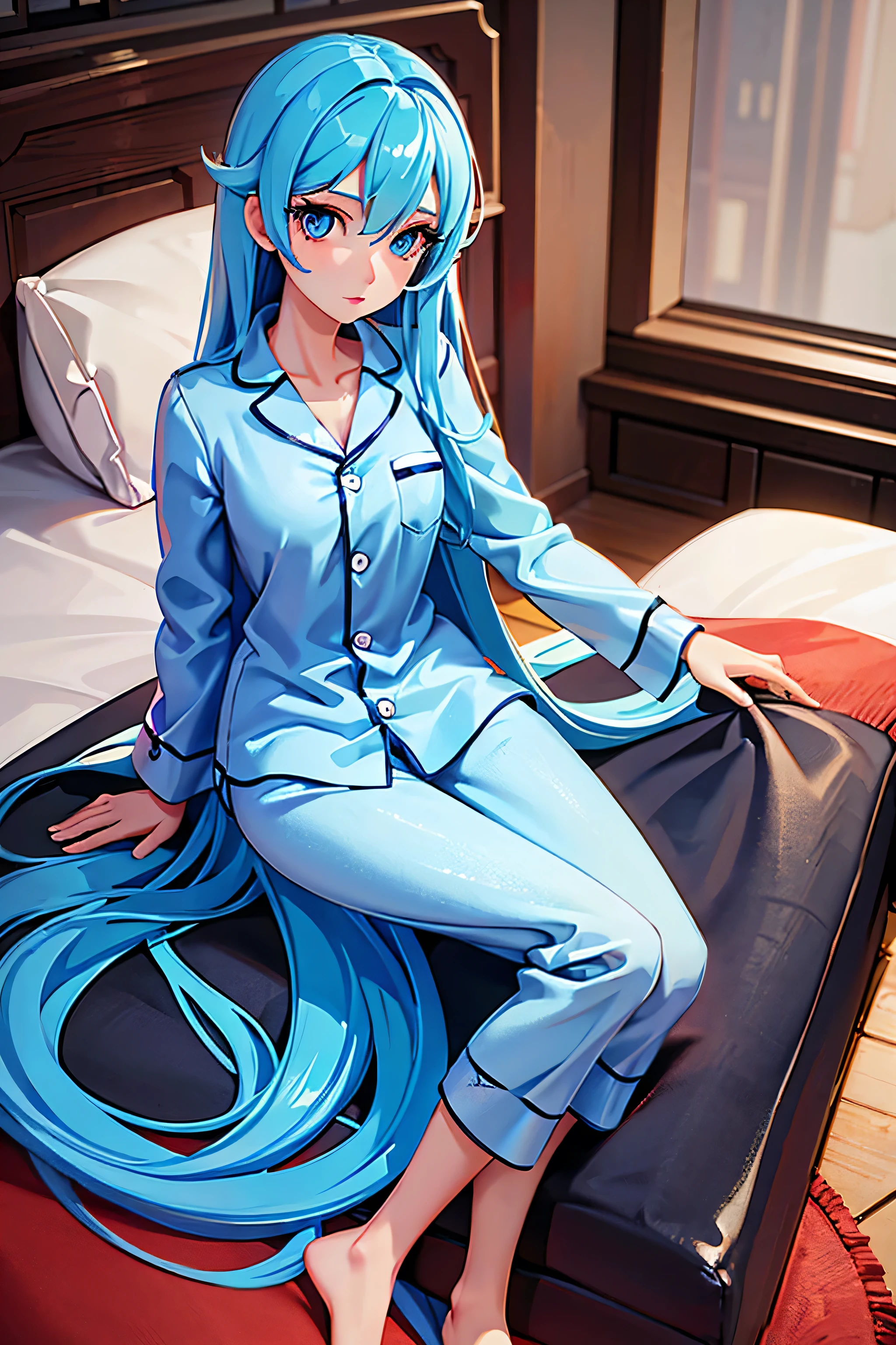 a one woman, face detailed, Super long hair, blue colored eyes, seducing gaze, posse sexy, pyjamas, high resolution, super detaill, 8k, Overview